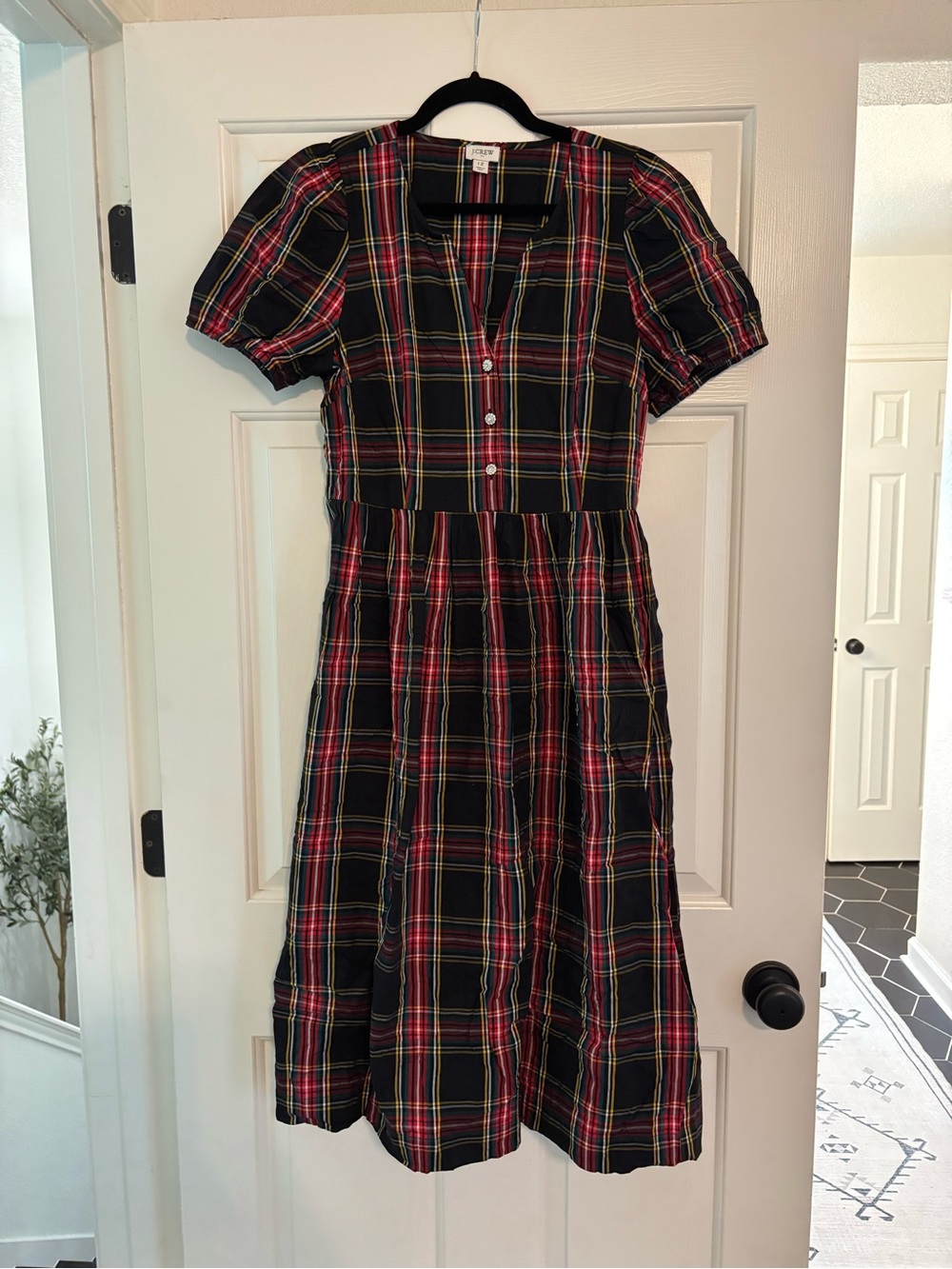 J. Crew Black Plaid Midi Dress with Red and Yellow Accents